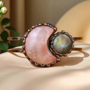 🆕 Pink Rose Quartz & Labradorite Moon Natural Stone Bangle Cuff Bracelet 🌈✨